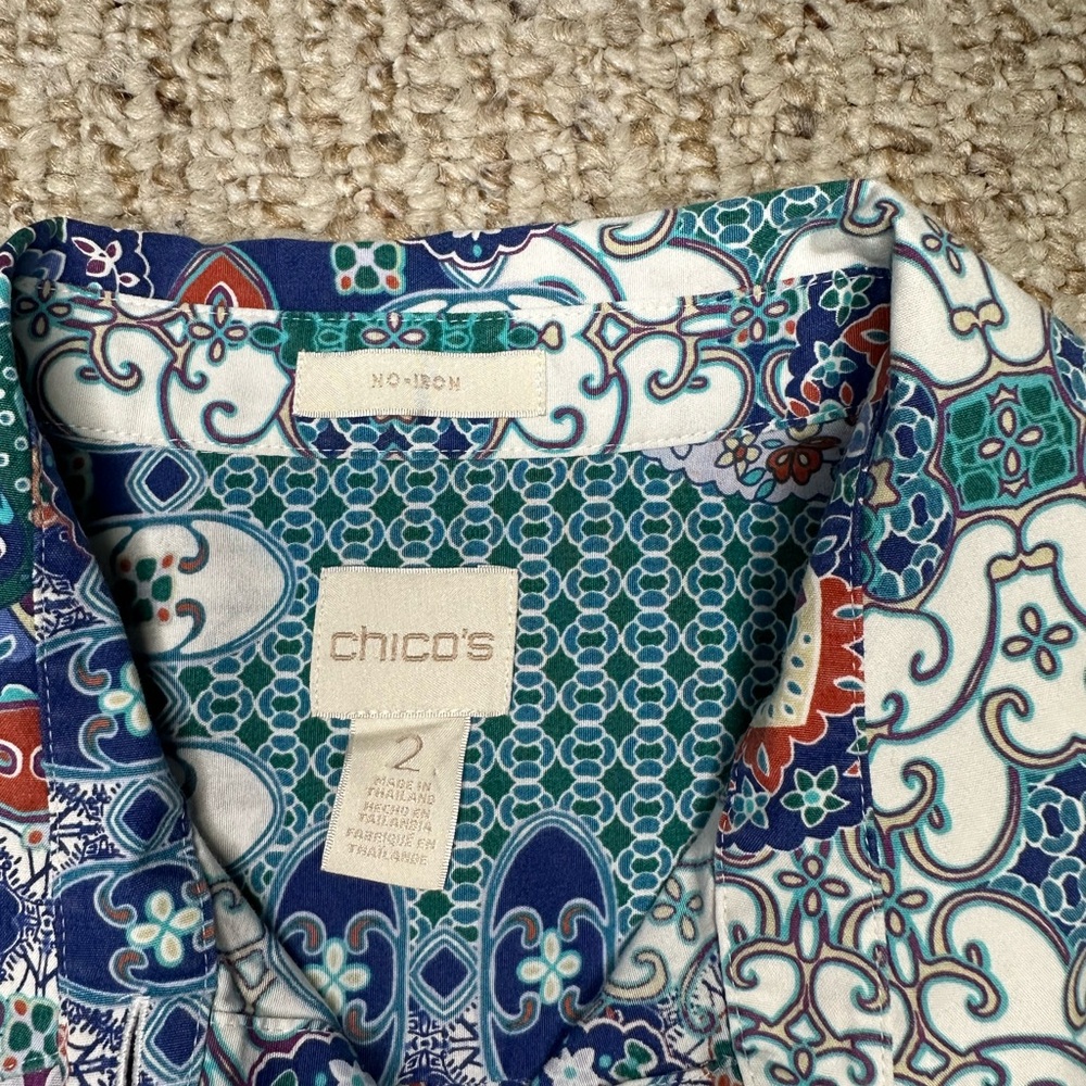S Chico's Blue and White 3/4 Sleeve Graphic Tunic size 2 or L - Picture 2 of 11